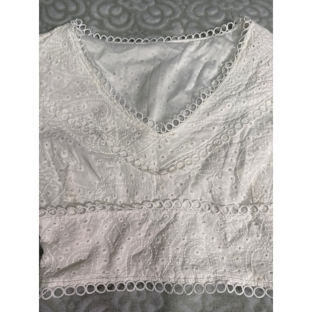 White Eyelet Lace V-Neck Crop Top Smocked Back Puff Sleeve Boho Cottagecore - Picture 7 of 12